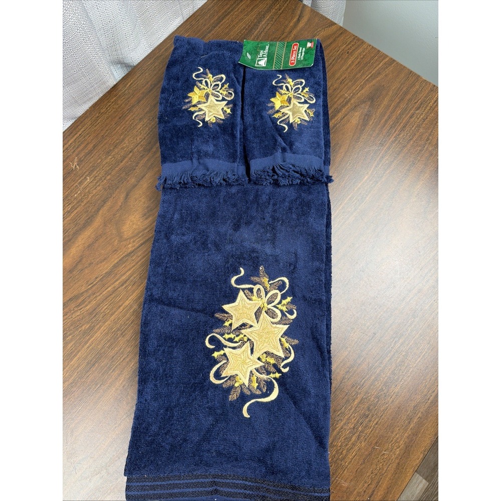 Vintage Y2K Stars & Ribbon Embroidered Towel Set 3 Piece Trim A Home Navy & Gold